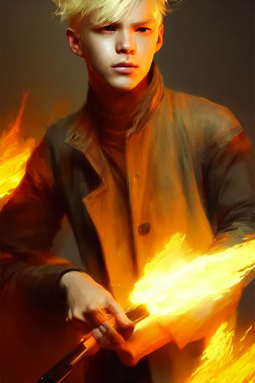 Prompt: character art by ruan jia, young man, blonde hair, on fire, fire powers