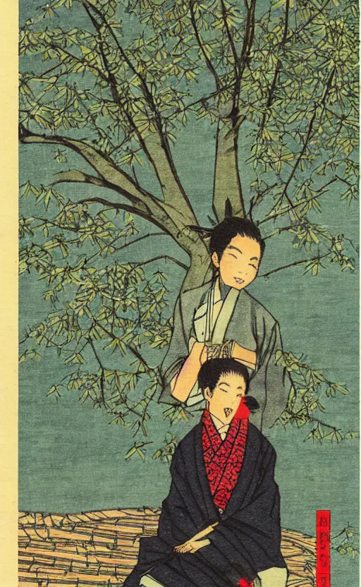 Prompt: by akio watanabe, manga art, a male writer, willow tree and hill, trading card front, kimono, realistic anatomy, sun in the background