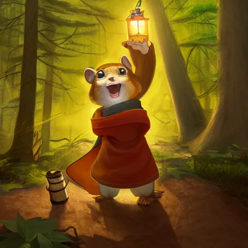 Image similar to concept art painting of an anthropomorphic chipmunk wearing a yellow cloak, holding a lantern, in the deep forest, realistic, detailed, cel shaded, in the style of makoto shinkai and greg rutkowski and james gurney