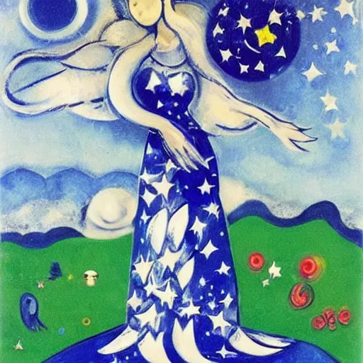 Prompt: The land art features a woman with wings made of stars, surrounded by a blue and white night sky. The woman is holding a staff in one hand, and a star in the other. She is wearing a billowing white dress, and her hair is blowing in the wind. cubic zirconia, Pokémon by Marc Chagall, by Wilfredo Lam monumental, threatening