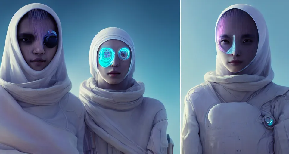 Prompt: portrait of yael shelbia and kang seul - gi, venus squid astronaut, burka, symetrical facial, white hair, intricate design details. cyberpunk, touareg, by ruan jia and beeple. smooth gradients, deep space.