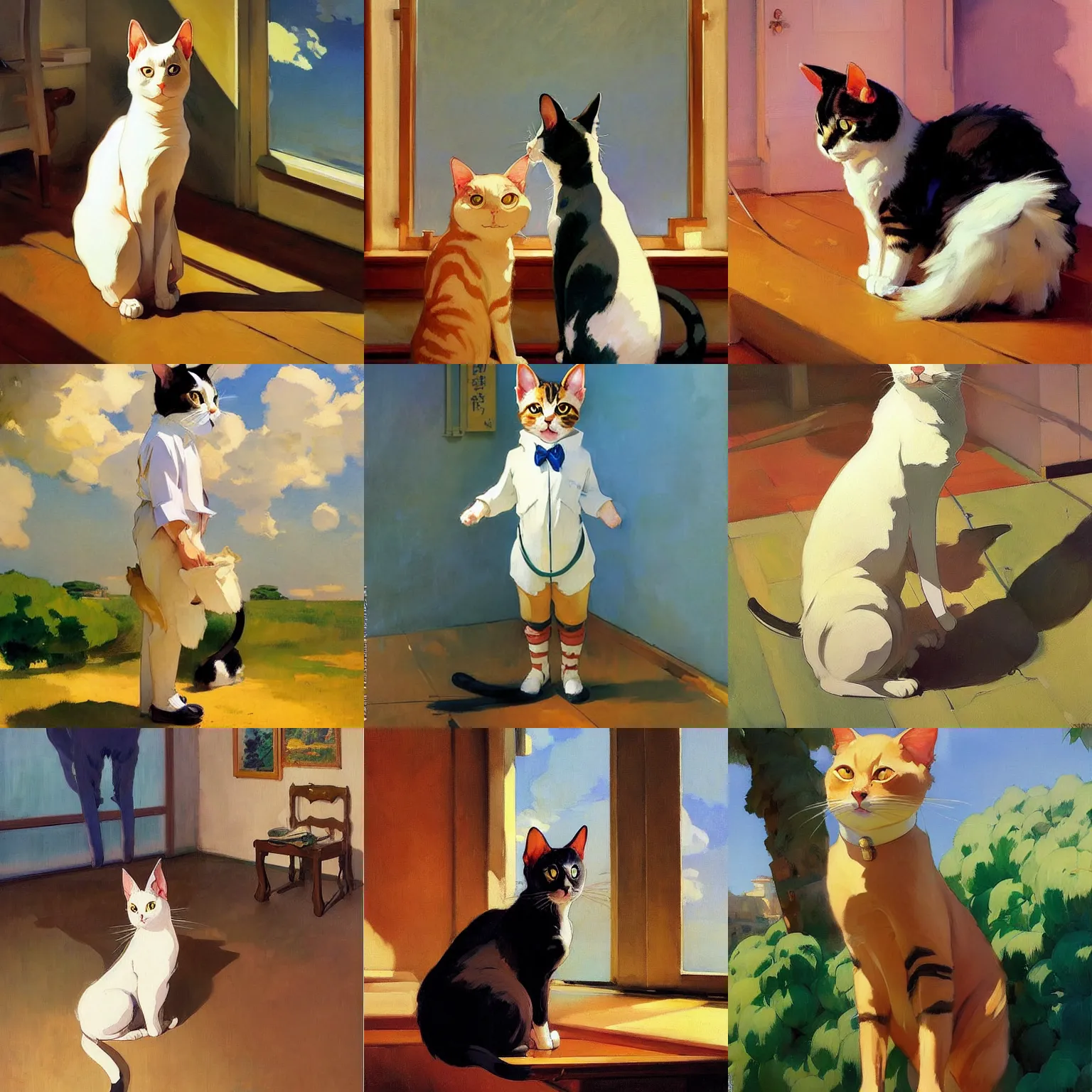 Prompt: a cat with ears down standing up by studio ghibli painting by joaquin sorolla rhads leyendecker an aesthetically pleasing dynamic energet