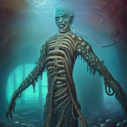 Prompt: tentacle-enabled underwater human descendant, futuristic painting, dagon, hd 8k
