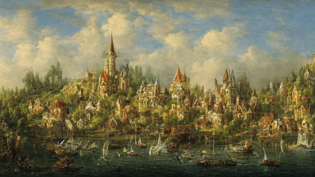 Image similar to an old enchanted fantasy town, viewed from the harbor, by jean - baptist monge,