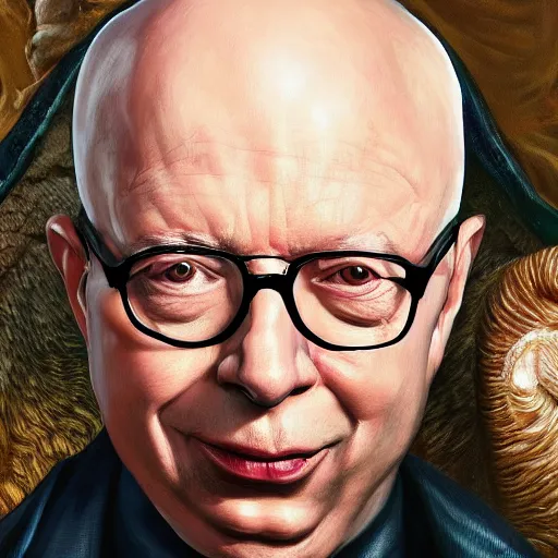 Prompt: a detailed fantasy character painting of Klaus Schwab with devil horns on his head, he has a forked tongue like a snake and black eyes, holding a lamb, dressed like Jesus Christ, by lauri blank, artgerm, evelyn de morgan, 8K, 50mm lens