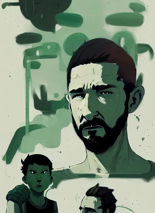 Prompt: highly detailed closeup portrait of very serious staring shia lebouf, flexing arms by atey ghailan, by greg rutkowski, by greg tocchini, by james gilleard, by joe fenton, by kaethe butcher, gradient green, black and white color scheme, grunge aesthetic!!! ( ( graffiti tag wall background ) )