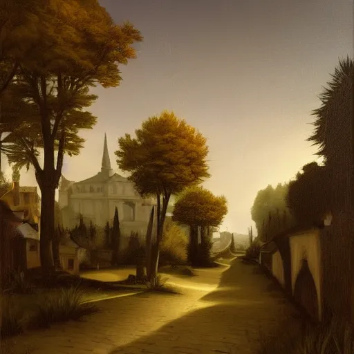 Prompt: in the style of gerald brom, caravaggio, beautiful small town, houses and buildings, 1 8 0 0 s, cobblestone roads, low light, end of day, trees, forest in the distance, light mist