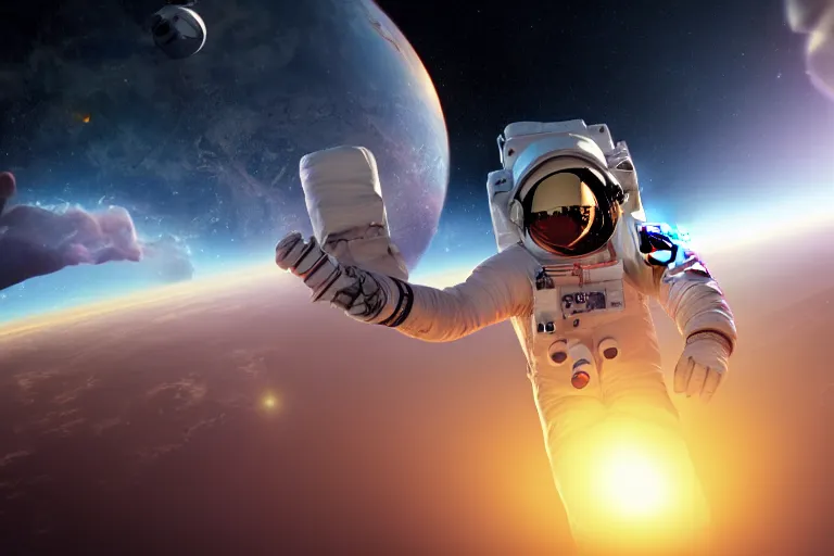 Image similar to astronaut in space wearing a spacesuit floating, meteor hitting earth in background, highly detailed, photorealistic portrait, bright studio setting, studio lighting, crisp quality and light reflections, unreal engine 5 quality render