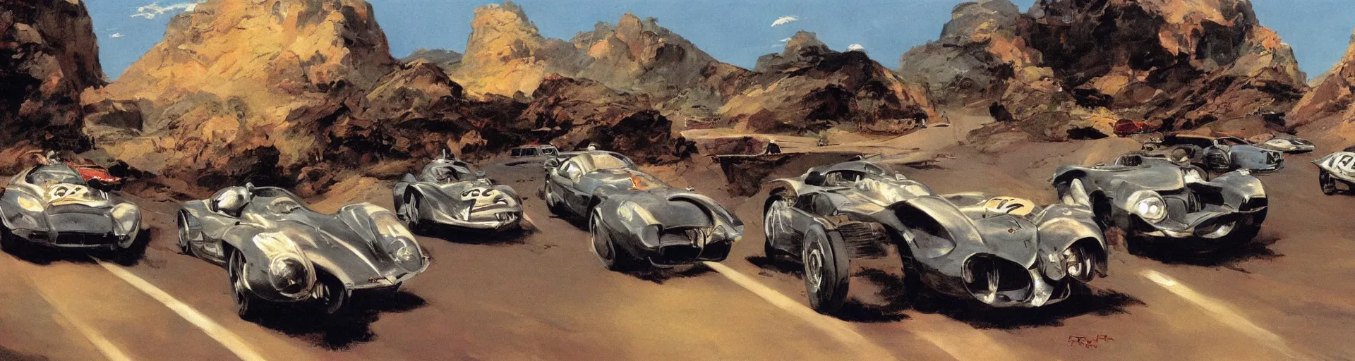 Image similar to a detailed road with racing cars by frank frazetta