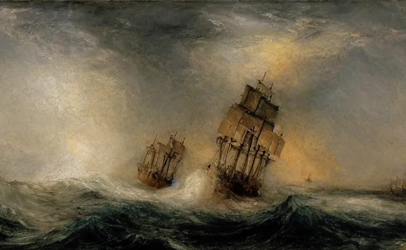 Prompt: a pirate boat in the sea with big waves by William Turner