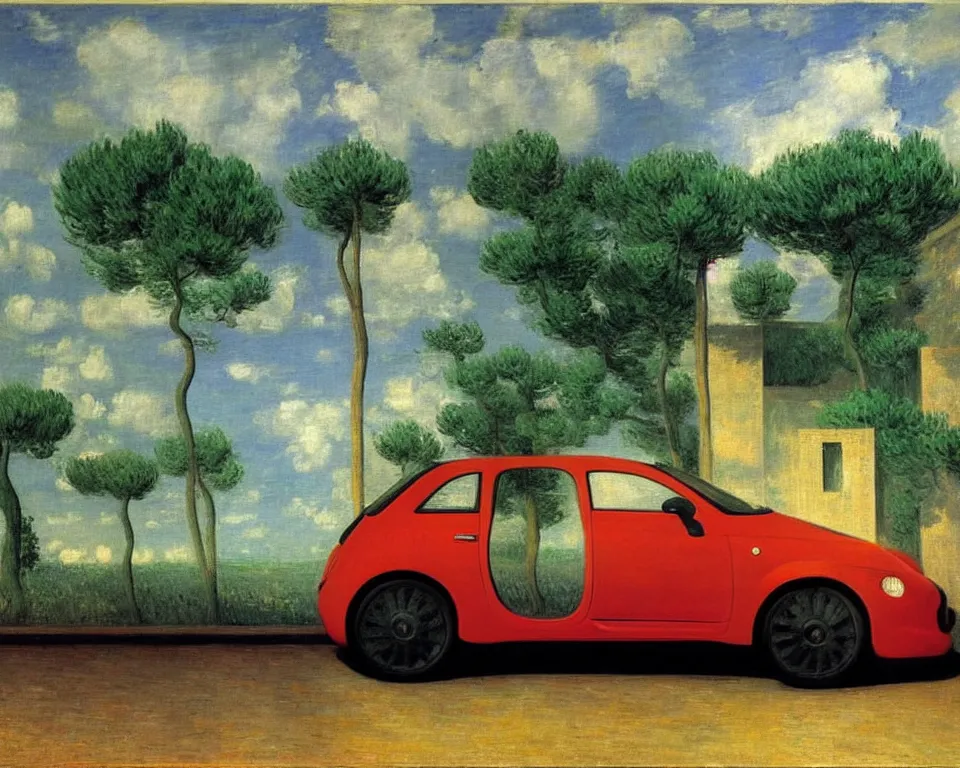 Prompt: achingly beautiful painting of a new fiat abarth by rene magritte, monet, and turner.