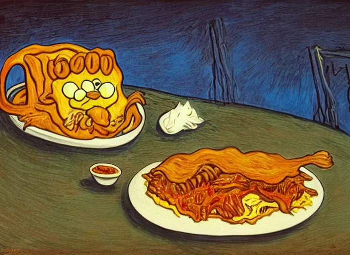 Image similar to surrealist painting of garfield eating lasagna at dusk, in the style of vincent van gogh and salvador dali and wayne barlowe