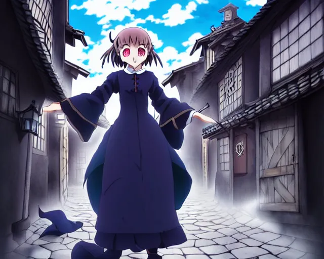 Image similar to ( ( majo no tabitabi ) ), kyoani key anime visual portrait of a young female witch walking through a busy medieval village, dynamic pose, dynamic perspective, cinematic, dramatic lighting, detailed silhouette, anime proportions, perfect anime face ( murata range )