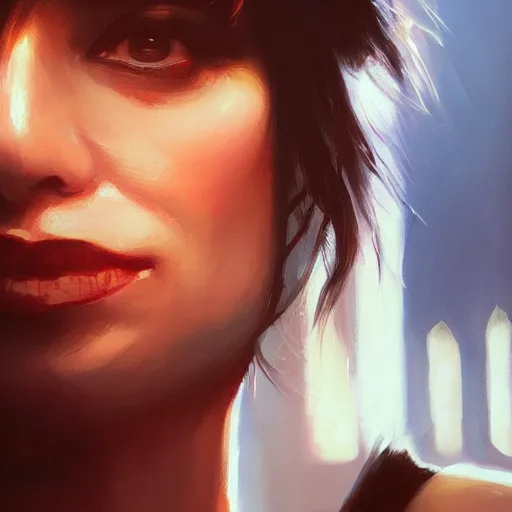 Image similar to a closeup portrait of mia wallace, dramatic light, city background, sunset, high contrast, sharp, painted by stanley lau, painted by greg rutkowski, painted by stanley artgerm, digital art, trending on artstation