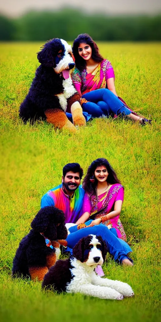 Prompt: an indian couple sitting with their bernedoodle puppy, in a field, very colorful, very cute, highly detailed, trending on artstation.