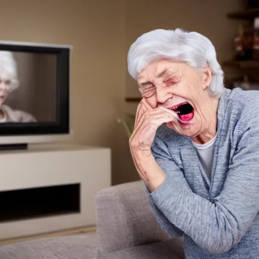 Image similar to laughing grandma watching satan on the tv