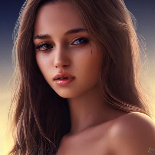 Image similar to a sad gorgeous female, photo, professionally retouched, soft lighting, wearing sundress, illuminated by moonlight, realistic, smooth face, tanned goddess, luscious lips, perfect eyes, wide angle, sharp focus on eyes, 8 k high definition, insanely detailed, intricate, elegant, art by artgerm and wlop