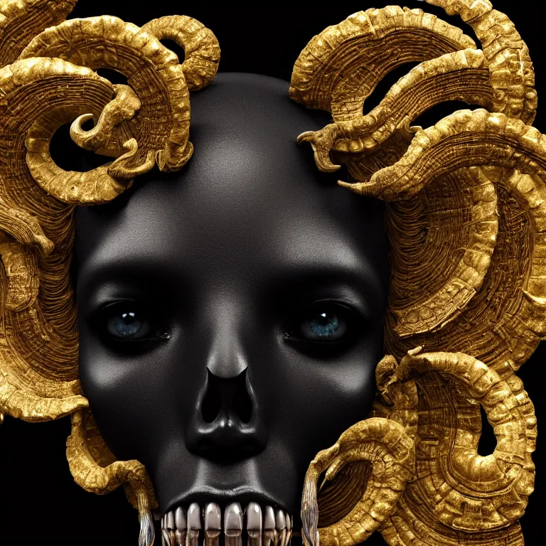 Image similar to black background. goddess princess face close-up portrait ram skull. sculpture made of gold and black charcoal. jellyfish phoenix head, nautilus, orchid, skull, betta fish, bioluminiscent creatures, intricate artwork by Tooth Wu and wlop and beeple. octane render, trending on artstation, greg rutkowski very coherent symmetrical artwork. cinematic, hyper realism, high detail, octane render, 8k