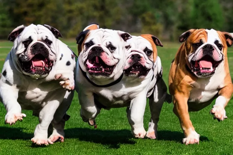 Prompt: bulldogs that are running towards the camera