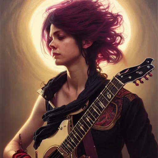 Prompt: portrait painting of a punk snake bard with a guitar, ultra realistic, concept art, intricate details, eerie, highly detailed, photorealistic, octane render, 8 k, unreal engine. art by artgerm and greg rutkowski and charlie bowater and magali villeneuve and alphonse mucha