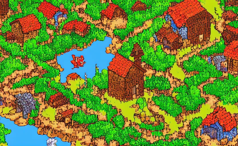 Image similar to a small village in a valley, villagers busy farming, a dragon approaching from a distance, pixel art