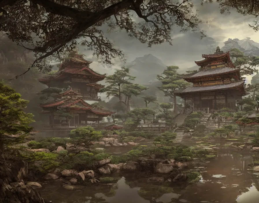 Image similar to silent old asian temple, beautiful texture, beautiful graphics, fantasy artwork, very beautiful scenery, hd, hdr, ue 5, ue 6, unreal engine 5, cinematic 4 k wallpaper, 8 k, ultra detailed, by popular digital, details, beautiful image ever created, high resolution, artstation, award winning