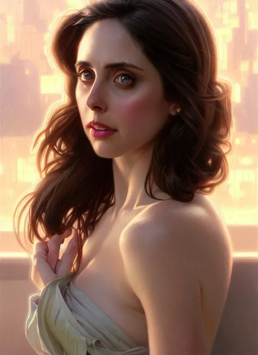 Image similar to ultra realistic illustration, hot alison brie. realistic intricate, elegant, highly detailed, digital painting, artstation, concept art, smooth, sharp focus, illustration, art by artgerm and greg rutkowski and alphonse mucha and wlop