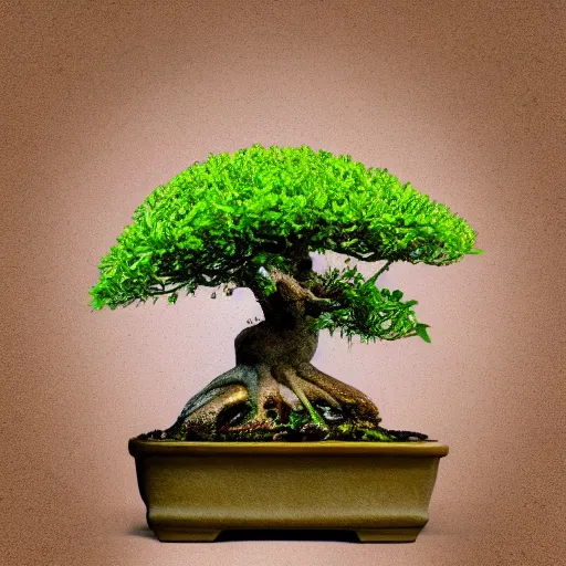 Prompt: a frog next to a bonsai tree, digital art, 8k