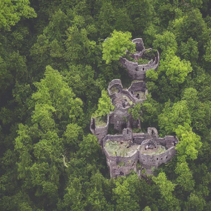 Prompt: aerial view of an ancient castle in a forest shaped like the punisher symbol