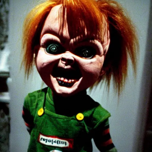 Image similar to Chucky doll, horror, creepy, distorted, evil, haunting, imploded