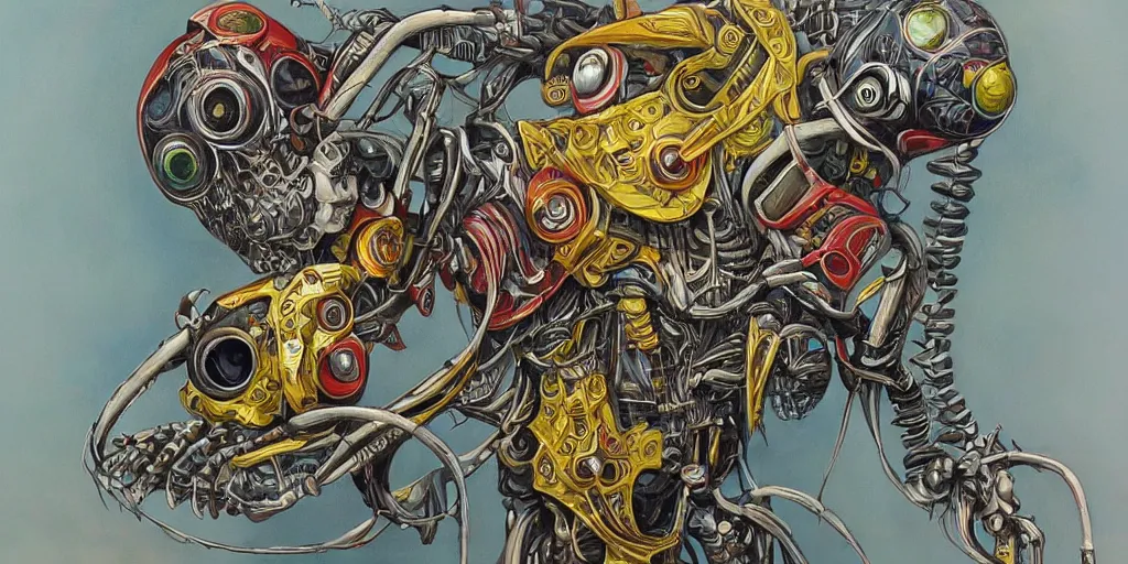 Image similar to a beautiful painting of robot by aaron horkey, trending on artstation, skeleton, colorful