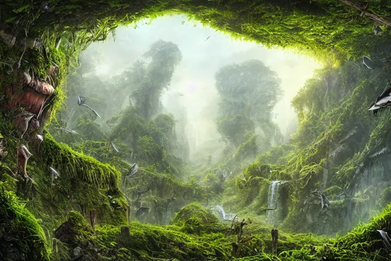 Prompt: an epic landscape view of vines and moss growing on times square, moss, jungle, with pterosaurs flying, close - up, low angle, wide angle, atmospheric, volumetric lighting, cinematic, very realistic, sharp, highly detailed digital art, painted by tyler edlin