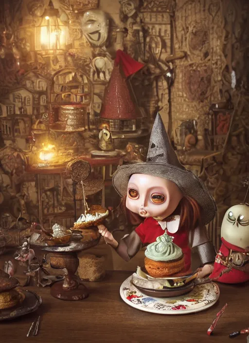 Image similar to closeup of a tin toy medieval witch eating cakes, depth of field, zeiss lens, detailed, symmetrical, centered, fashion photoshoot, by nicoletta ceccoli, mark ryden, lostfish, earl nore, hyung tae, frank frazetta, breathtaking, 8 k resolution, extremely detailed, beautiful, establishing shot, artistic, hyperrealistic, octane render