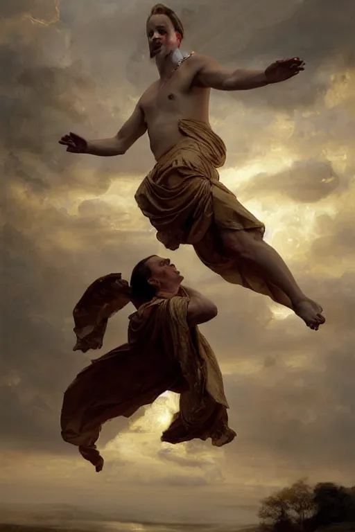 Image similar to beautiful oil painting portrait of ancient roman god emperor steve buscemi floating in the air wearing the civic crown levitating and ascending in a religious pose, ascension, art by anders zorn, wonderful masterpiece by greg rutkowski, expressive brush strokes, beautiful cinematic light, american romanticism by greg manchess, jessica rossier