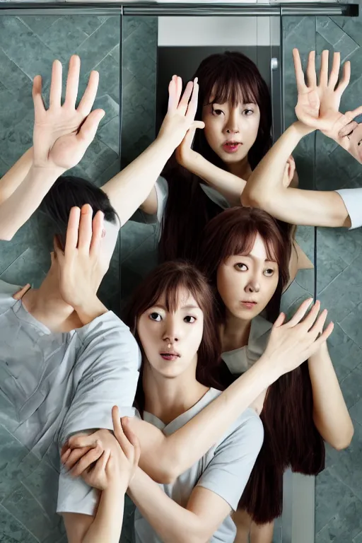 Image similar to many hands and arms coming from behind bathroom door, korean horror film