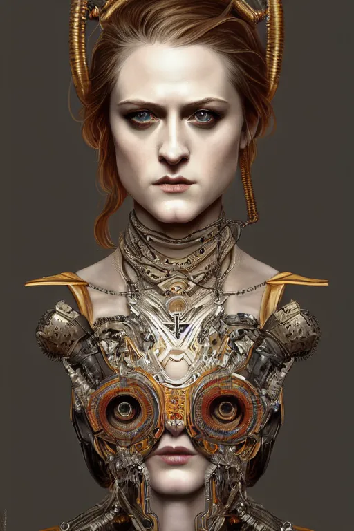 Image similar to symmetry!! portrait of evan rachel wood in the style of god of war, machine parts embedded into face, intricate, elegant, highly detailed, digital painting, artstation, concept art, smooth, sharp focus, illustration, art by artgerm and greg rutkowski and alphonse mucha, 8 k