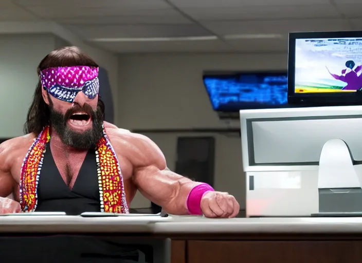 Prompt: film still of Macho Man Randy Savage on a computer in the new Wolf of Wallstreet movie, 8k