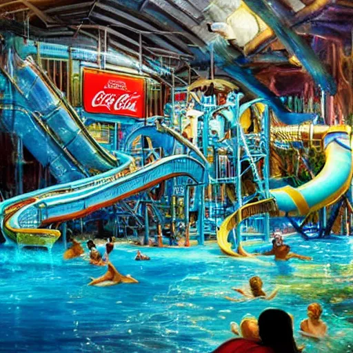 Prompt: coca cola waterpark with waterslides full of soda painting by brain froud, charles vess, cinematic lighting, epic composition, highly detailed