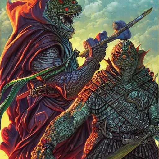 Image similar to anthro mean looking reptile warrior wearing cloak, dnd illustration by jeff easley and dan mumford, character concept trending on artstation