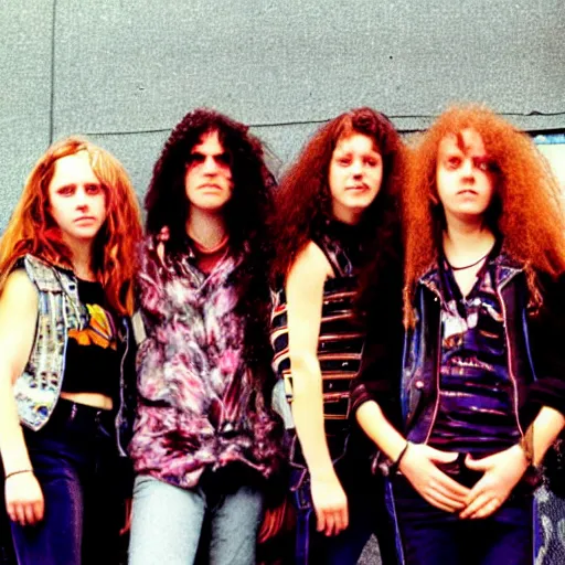 Image similar to Group of 19-year-old women holding electric guitars, long shaggy hair, permed hair, thrash metal, heavy metal, band promo photo, 1987 photograph