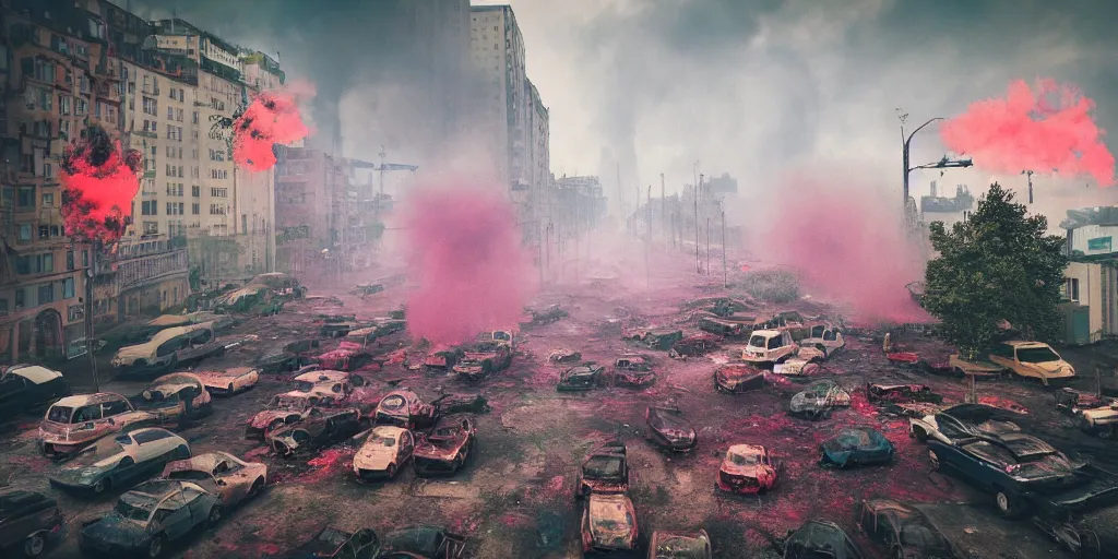 Image similar to post - apocalyptic kreuzberg streets covered in colorful smoke, burned cars, explosions, hyperrealistic, gritty, damaged, drone photography, photorealistic, high details