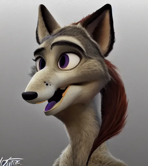 Prompt: bust of anthromorphic female wolf, in style of zootopia, zootopia, zootopia, fursona, furry, furaffinity, 4 k, deviantart, furry art, fursona art, wearing black business suit, business suit, in style of zootopia, wolf fursona, cyberpunk, female, expressive detailed feminine face,