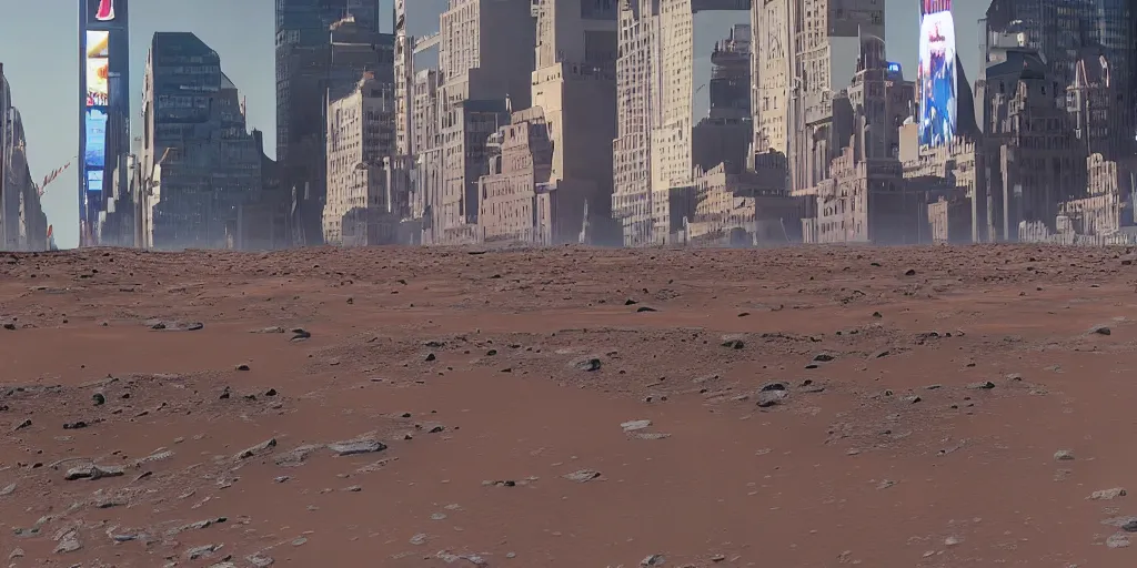 Image similar to footage of the first humans landing on Mars shown in Times Square, ultra realistic 8k photo realistic