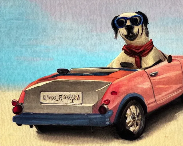 Prompt: a painting of a hipster dog driving a convertible in monte carlo, in the style of greg rutkowski