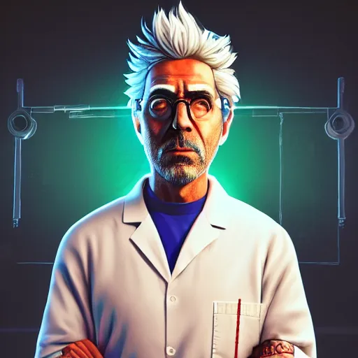 Image similar to portrait of rick sanchez, lab coat and tee shirt, lens flare, atmosphere, glow, detailed, intricate, full of colour, cinematic lighting, trending on artstation, 4 k, hyperrealistic, focused, extreme details, unreal engine 5, cinematic, masterpiece