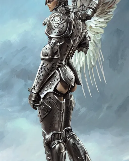 Image similar to completely frontal and centre Portrait of an empty armour of an angel warrior, focus on the pants and boots with graved runes, close-up on legs, highly detailed, digital painting, artstation, concept art, smooth, sharp focus, illustration, art by Hajime Sorayama