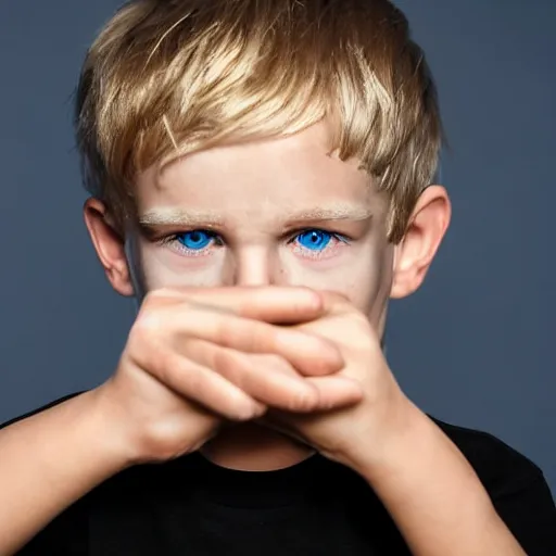 Image similar to portrait of a boy with his hand on his face, extremely realistic and real, photorealistic, blonde hair and blue eyes, detailed facial structure, real eyes that are detailed, real hands