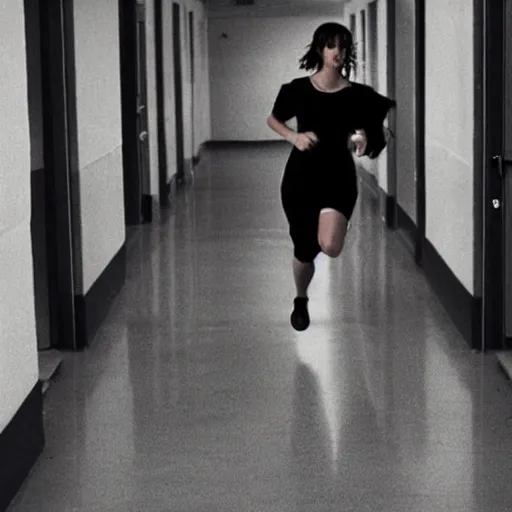 Image similar to Jennifer Love Hewitt running toward camera, away from a man in the background, dressed all in black, in an abandoned highschool, night time, cinematic, 90's horror movie, 24MM wide shot, f1.8, volumetric lighting, award winning, I Know What you did last summer - W 1024