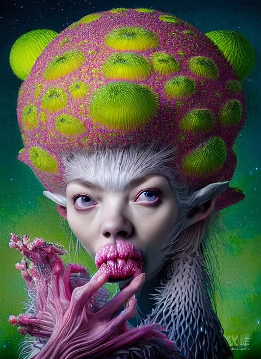 Image similar to hyper detailed 3d render like a Oil painting - kawaii portrait Aurora (a skeksis from dark crystal that looks like Anya Taylor-Joy) seen Eating of the Strangling network of yellowcake aerochrome and milky Fruit and His delicate Hands hold of gossamer polyp blossoms bring iridescent fungal flowers whose spores black the foolish stars by Jacek Yerka, Ilya Kuvshinov, Mariusz Lewandowski, Houdini algorithmic generative render, Abstract brush strokes, Masterpiece, Edward Hopper and James Gilleard, Zdzislaw Beksinski, Mark Ryden, Wolfgang Lettl, hints of Yayoi Kasuma, octane render, 8k