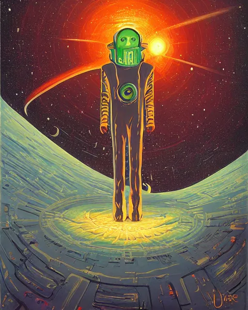 Prompt: a painting of a man standing in front of a giant alien, poster art vincent di fate and jack gaughan and dan mumford, cgsociety, space art, lovecraftian, cosmic horror, poster art